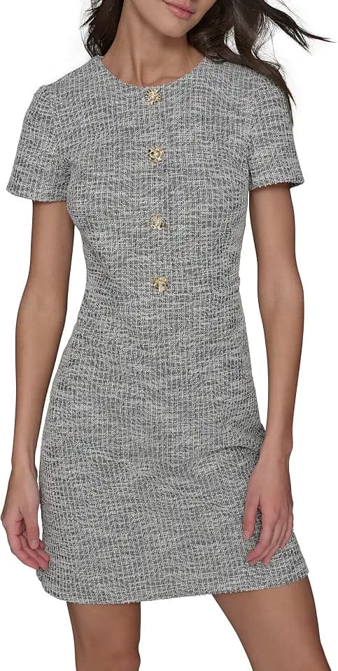 Karl Lagerfeld Women's Short Sleeve Gold Button Up Knit Sheath Mini Dress