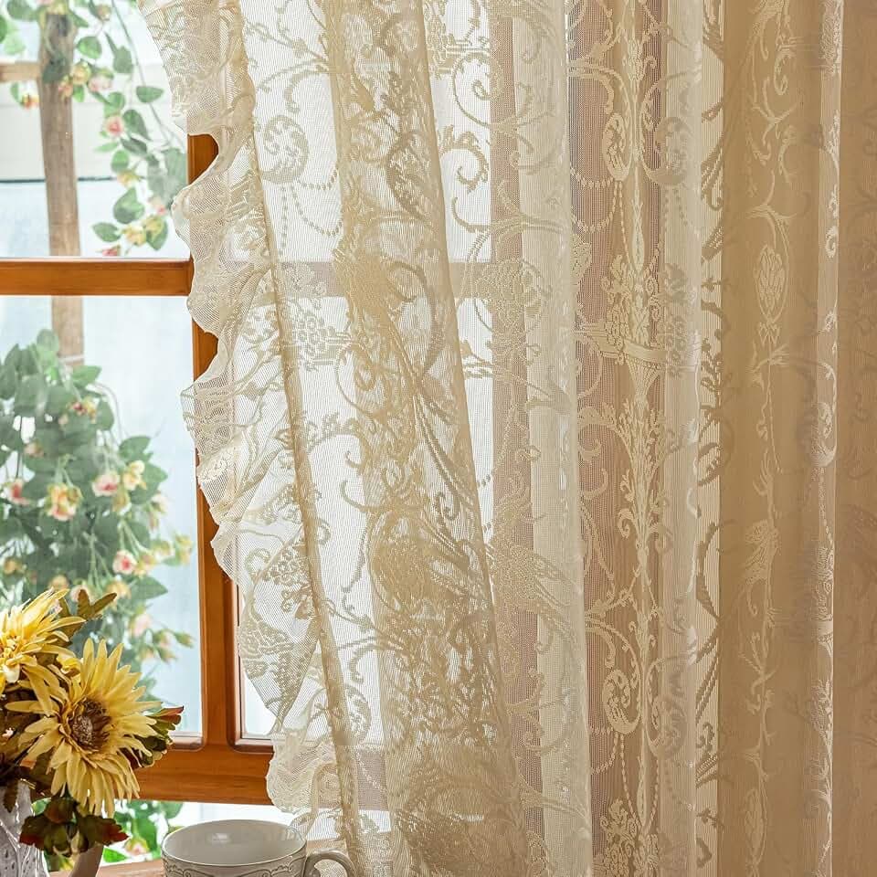 TUDECO Beige Short Lace Curtains 59 x 54 Inch, Floral Ruffle Trim 2 Panels