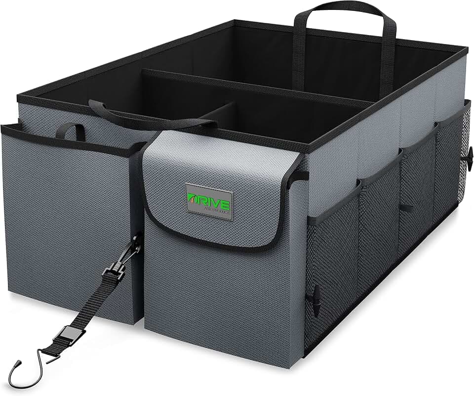 Drive Auto Products, Auto Organizer - Kofferraum Organizer - Kofferraumtasche mit Spanngurten - Praktische Auto-Faltbox - Robuste Tasche mit vielen Fächern