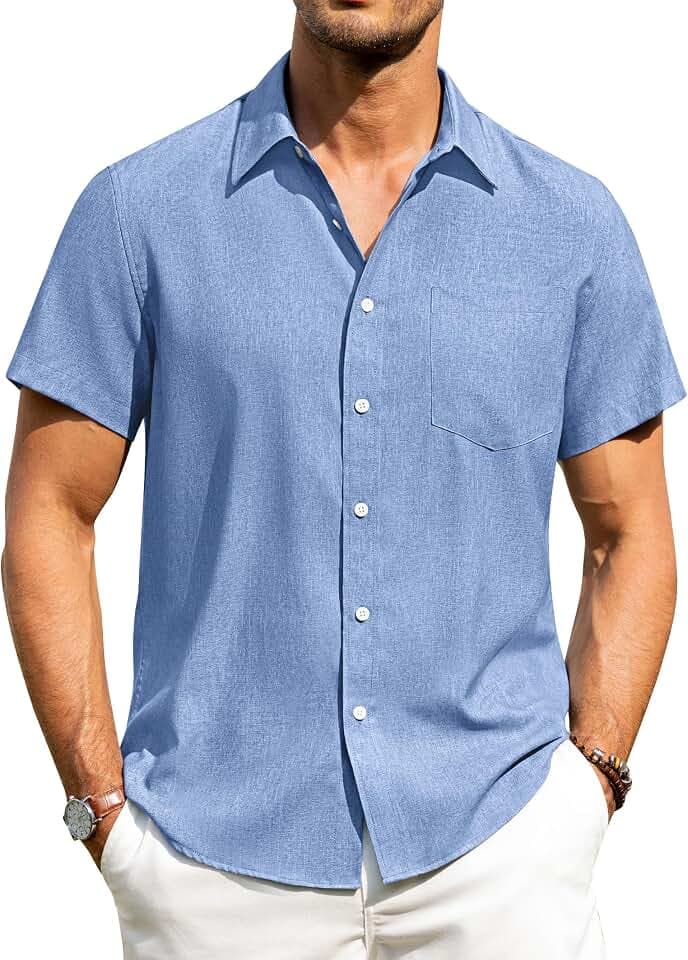 Alimens & Gentle Mens Linen Shirts Short Sleeve Button Down Shirts Wrinkle Free Casual Vacation Beach Summer Tops