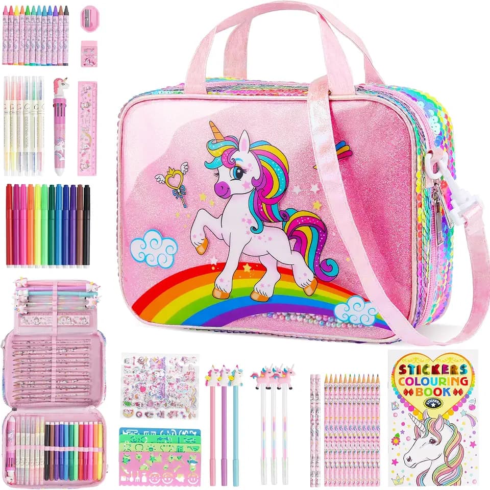 D-FantiX 63Pcs Unicorn Art Kits Convertible Bag with Fruit Scented Markers
