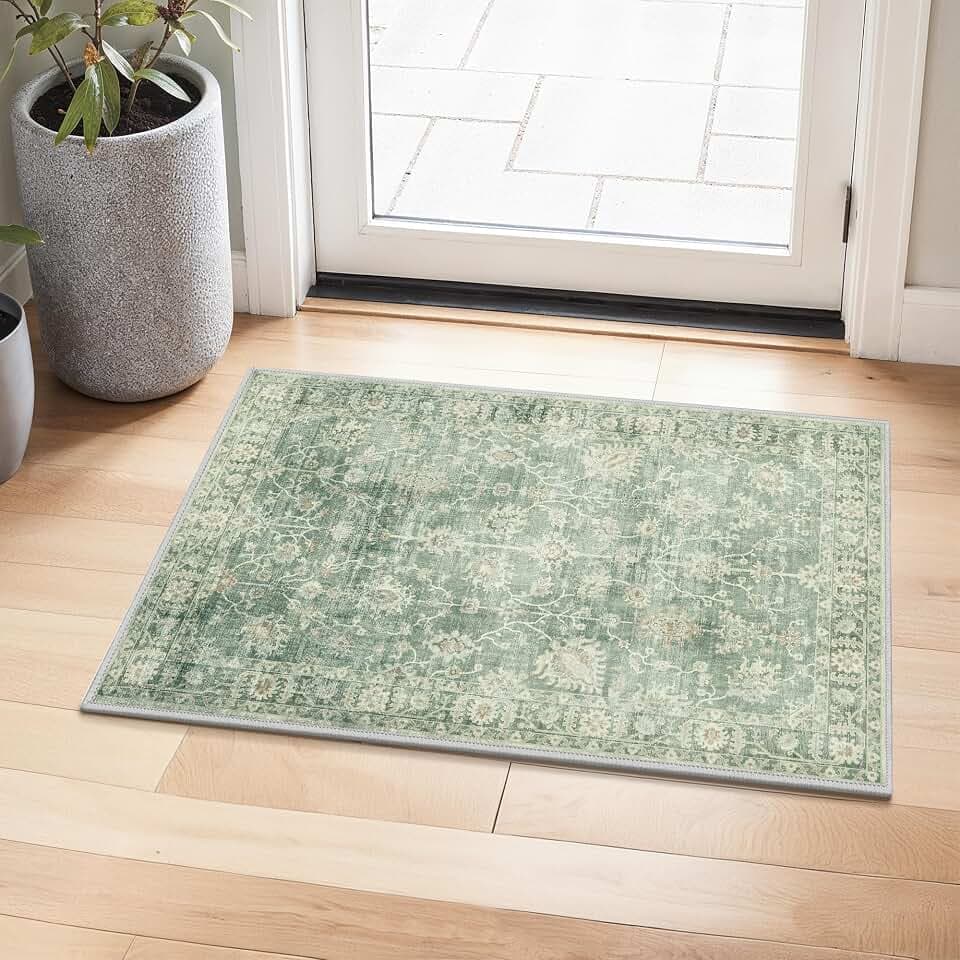 GENIMO 2x3 Entryway Rug, Washable Indoor Area Carpet Floral Light Sage