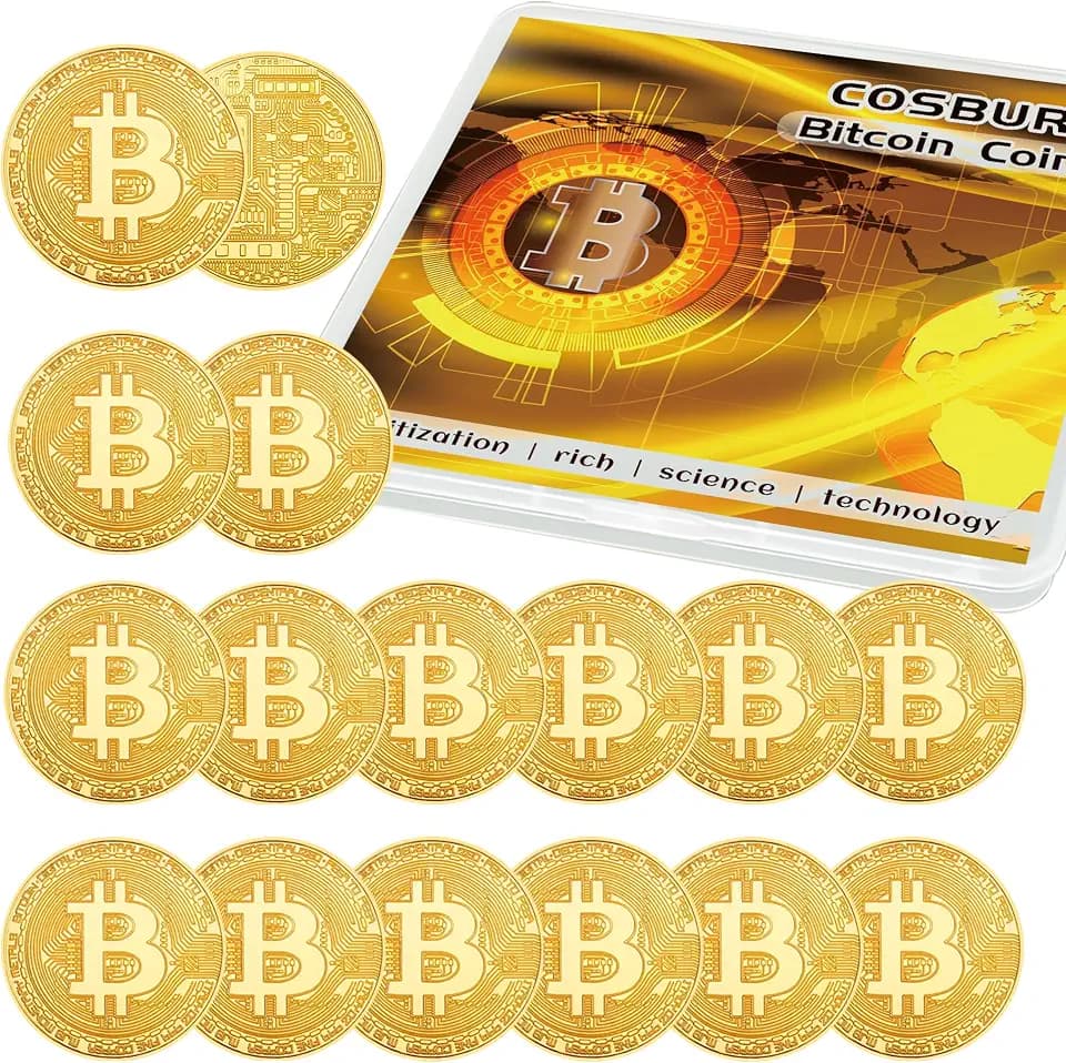 15Pcs Bitcoin Coin, Bitcoin Commemorative Coin, Blockchain Cryptocurrency, Collectible Coin with Protective Case, Gold Bitcoin Tokens, Home and Office Decoration (Gold)