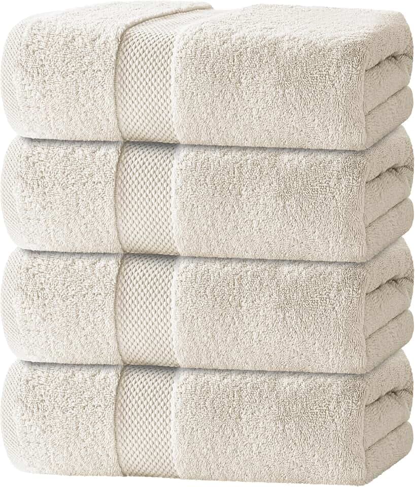 White Classic Luxury Ivory Bath Towels - 4 Pack, 100% Turkish Cotton, 27x54