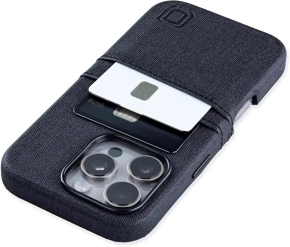Dockem Card Case V2 for iPhone 16 Pro with Camera Control Cutout, Built-in Metal Plate & 2 Card Holder Pockets: M2 Luxe Canvas-Style Synthetic Leather Wallet Case (Charcoal Black)