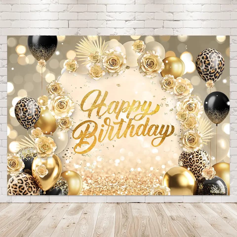 Happy Birthday Flower Balloons Leopard Gold Woman Girl Photography Backdrop