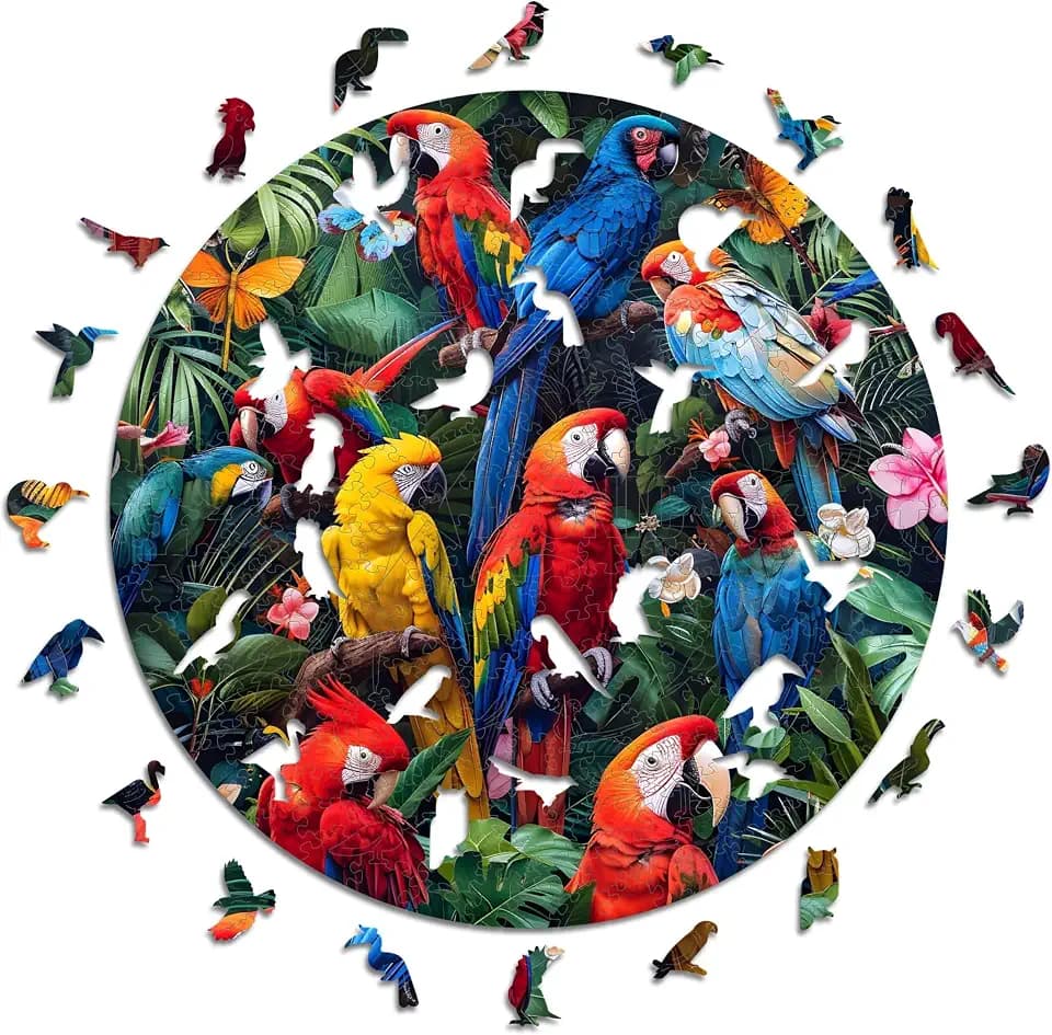 Iconic Puzzles – Colorful Parrots, fantasy animals, 100 % nachhaltiges Holzpuzzle, Geschenke für Kinder und Erwachsene, Größe S, 200 Teile