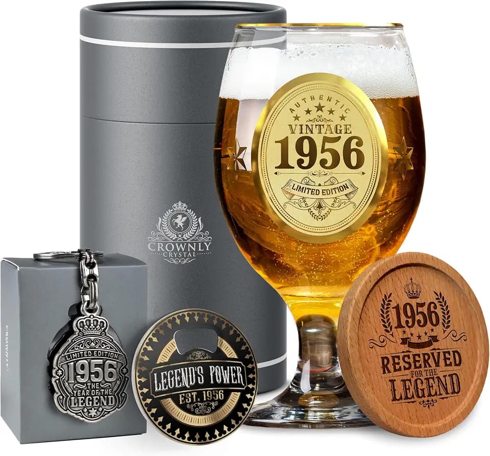 CROWNLY CRYSTAL® 1956 Bierglas mit Gravur 70. Geburtstag Mann personalisiertes Geschenk Deko Karte 70 Jahre Geschenkidee für Papa Opa