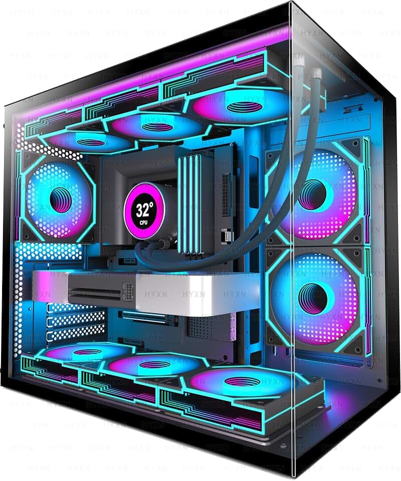 H3(2026) PC Gehäuse ATX – Vorinstalliert mit 6 Infinity Mirror PWM ARGB-Lüftern, Kompakter ATX Dual Kammer Mid Tower Gaming PC Gehäuse, 360MM Rad Unterstützung,mit Type-C 3.2 (Schwarz)