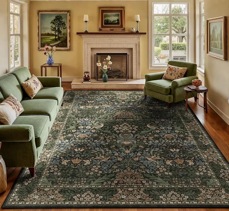 8x10 Washable Living Room Area Rug Soft Retro Large Carpet Gold Green