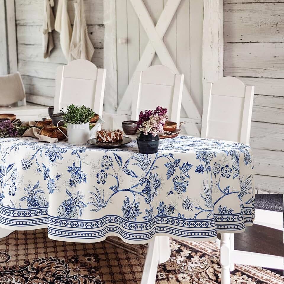 Blue Floral Oval Tablecloth,60x84inch,Blue and White French Country Style Tablecloth,Country Style Flower Polyester Waterproof Table Cloth,Suitable for Farmhouse Kitchen,Party,and Picnic