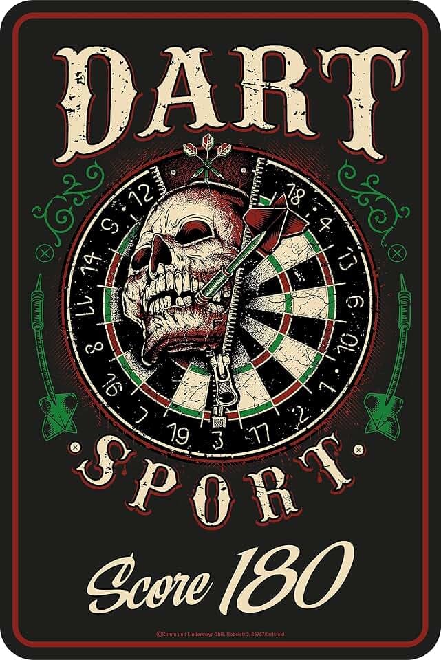 Deko Blechschild als Geschenk für Dart-Spieler - Score 180 Skull 30x20 cm