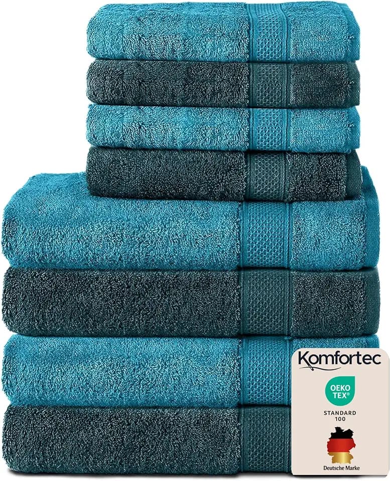 Komfortec 8er Handtücher Set, 4 Badetücher 70x140 cm & 4 Handtücher 50x100 cm, 100% Baumwolle Frottee, Flauschig und Saugstark,Türkis/Petrol