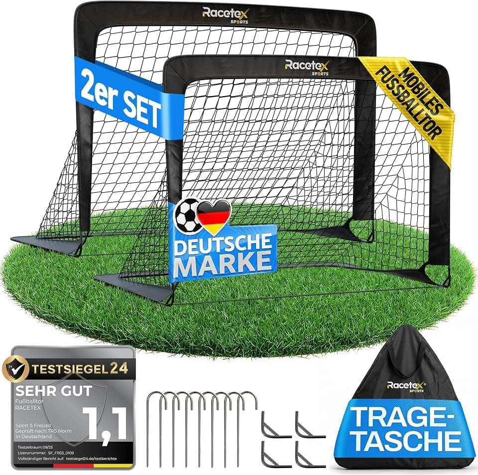 Racetex 2er Fußballtor Kinder Set - Fußball Tore inkl. nützlicher Tasche zum Transportieren - Version mit verstärkten Glasfaserstangen - Fussballtore für den Garten oder Park