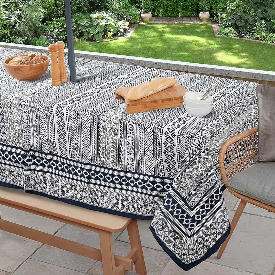 Outdoor Tablecloth with Umbrella Hole and Zipper, Rectangle Patio Table Covers for Spring/Summer, Machine Washable Outdoor Picnic Table Cloth (Boho, 60" × 84" Rectangular)