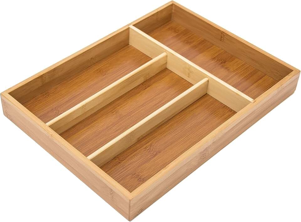 Relaxdays Besteckkasten aus Bambus, HxBxT: 4x25x34cm, 4 Fächer, Küchenorganizer & Schubladeneinsatz, naturfarben