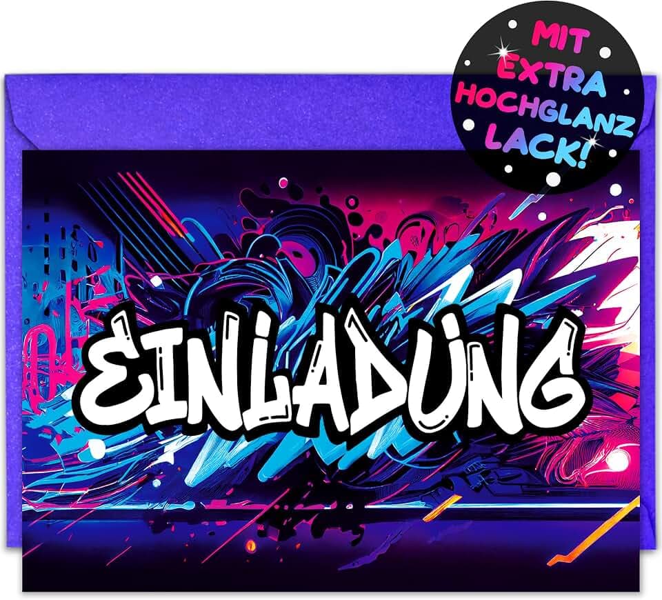 VULAVA 12x Graffiti EINLADUNGSKARTEN KINDERGEBURTSTAG Junge Mädchen + 12x Umschläge - die Graffiti PARTY Karten sind die perfekte Graffiti EINLADUNG für Jungen Mädchen Kinder GEBURTSTAG KINDERPARTY