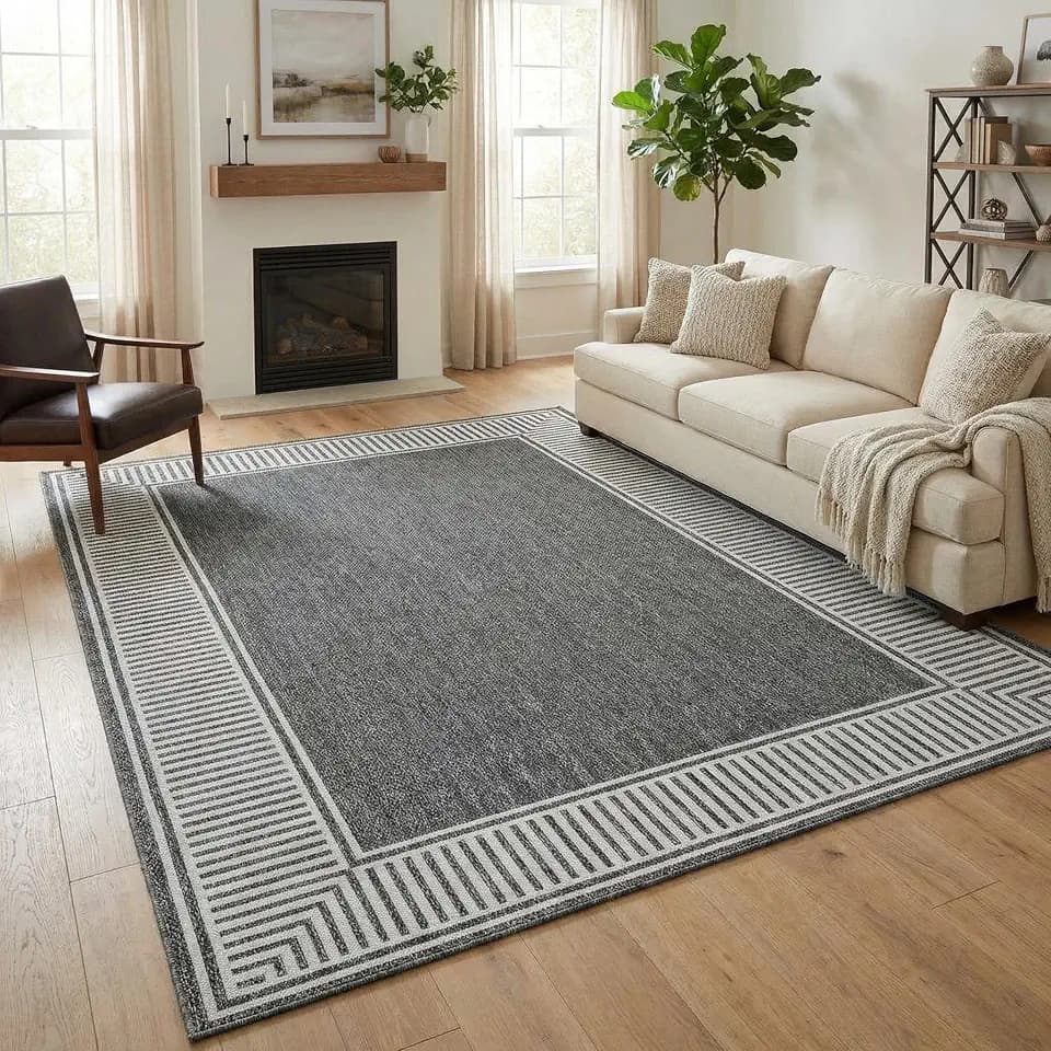 Garvee Bordered Area Rug 5x7 Washable Living Room Rug Non Slip Modern Rugs Ultra Soft Non-Shedding Floor Cover Low Pile Stain-Resistant Lines Print Throw Carpet for Bedroom Kids Room Dorm Grey
