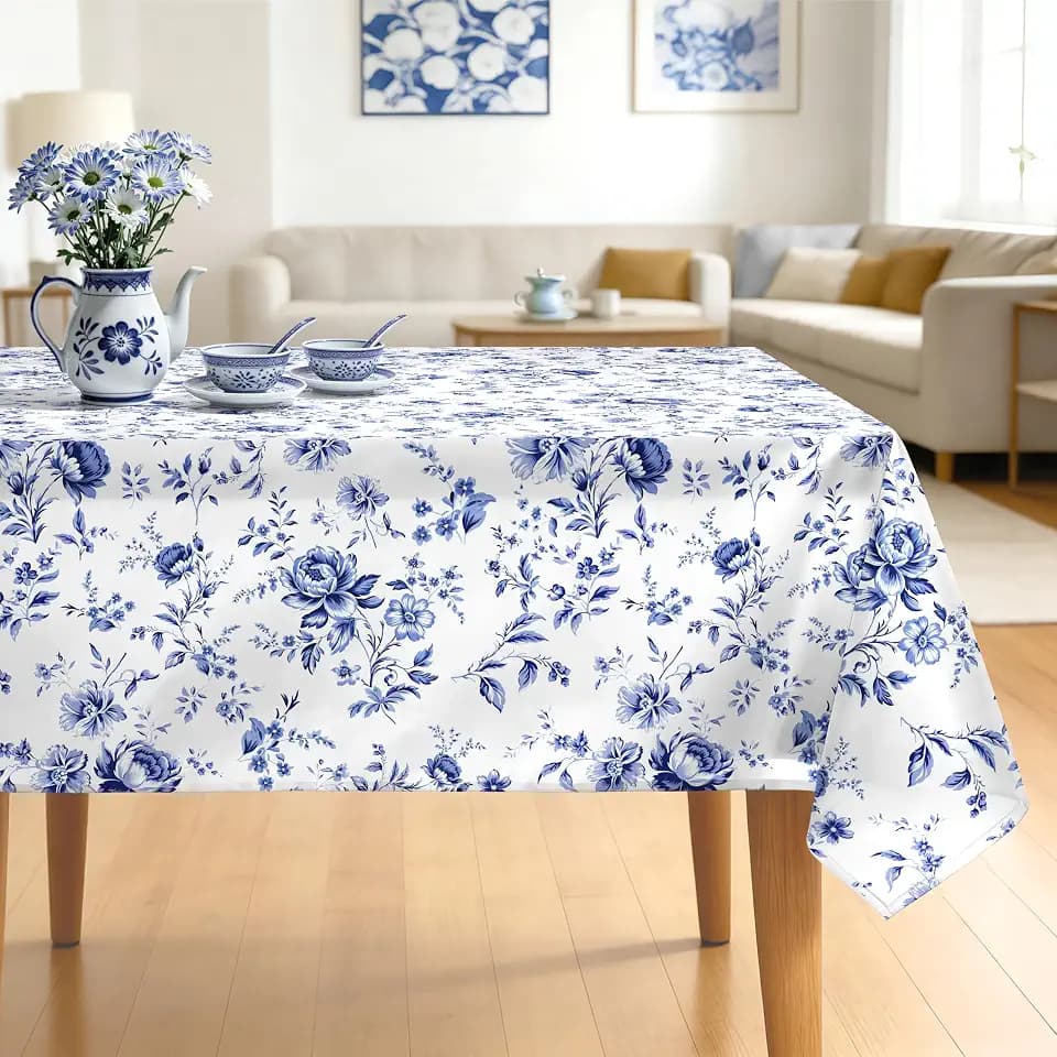 Blue Rose Tablecloth 60 x 120 Inch Rectangular, Floral Print