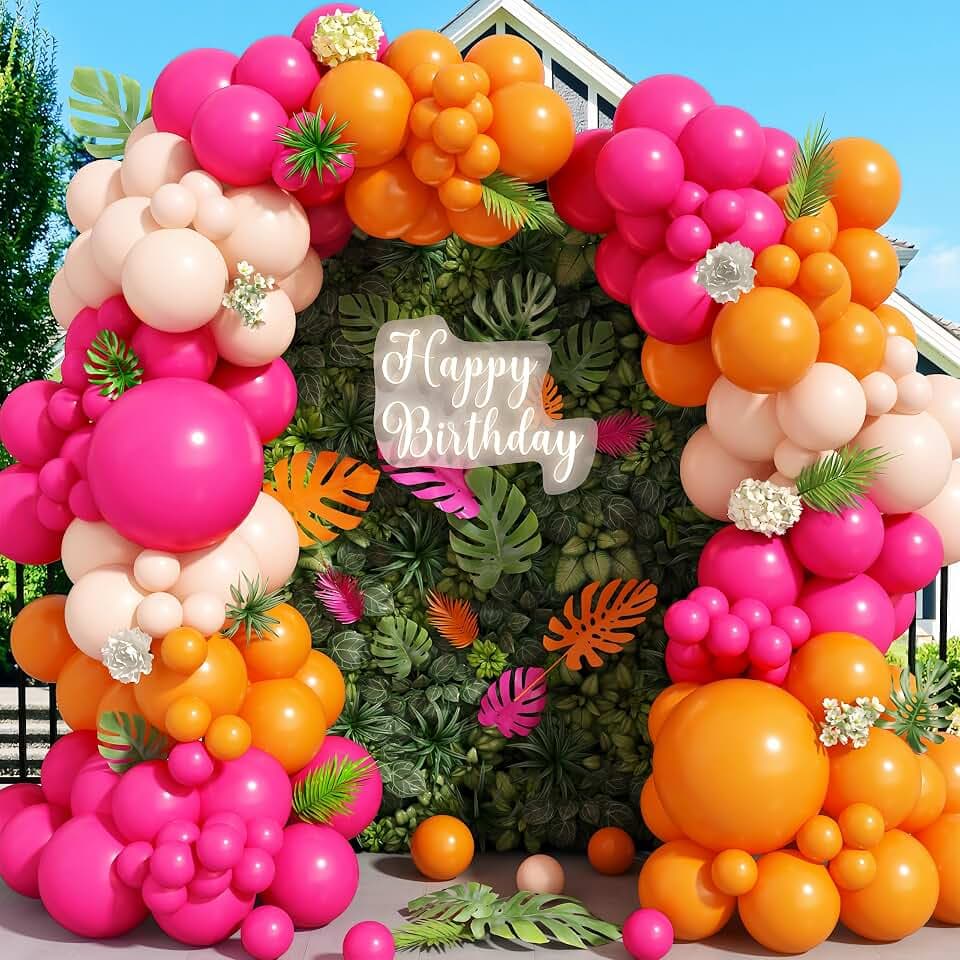 Pink and Orange Balloon Arch Kit, Hot Pink Orange Peach Garland Balloon, Fuchsia Magenta Latex Balloons for Baby Shower Birthday Wedding Tropical Hawaiian Beach Flamingo Sunset Party Decorations