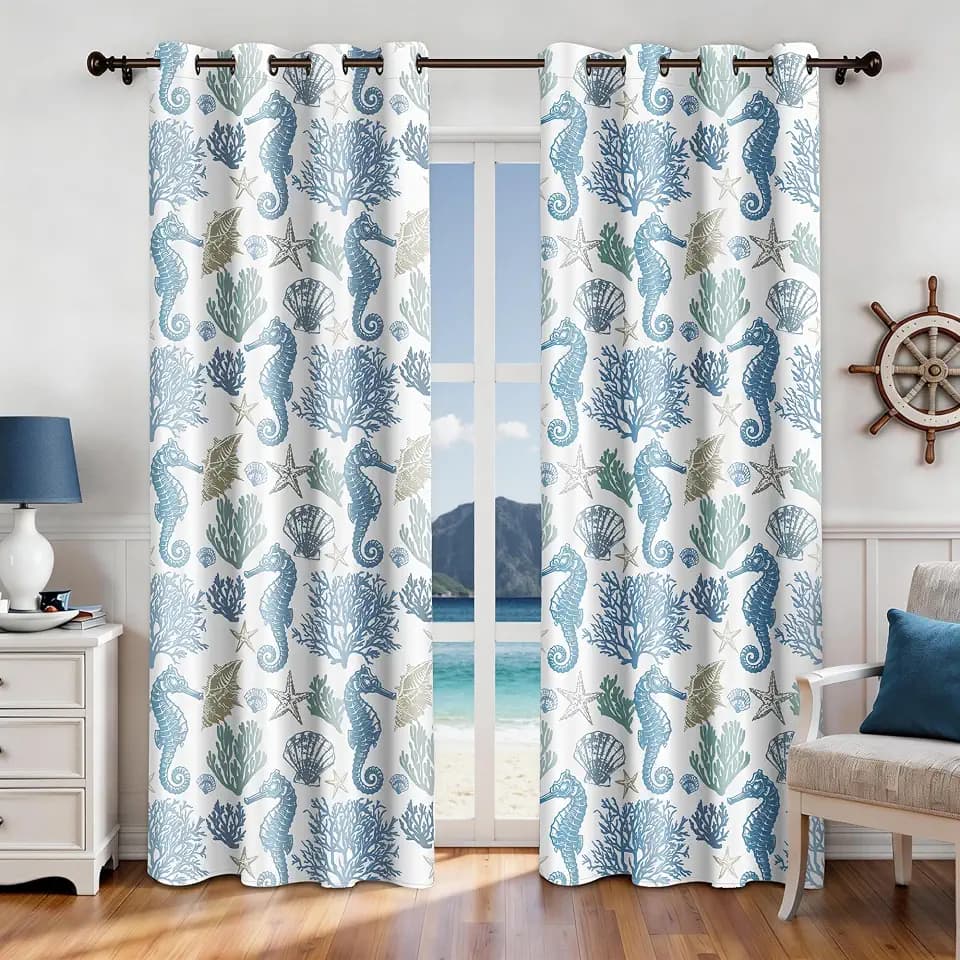 Coastal Seahorse Curtains, Grommet Window Panels, 52 x 84 Inch, 2 Panels