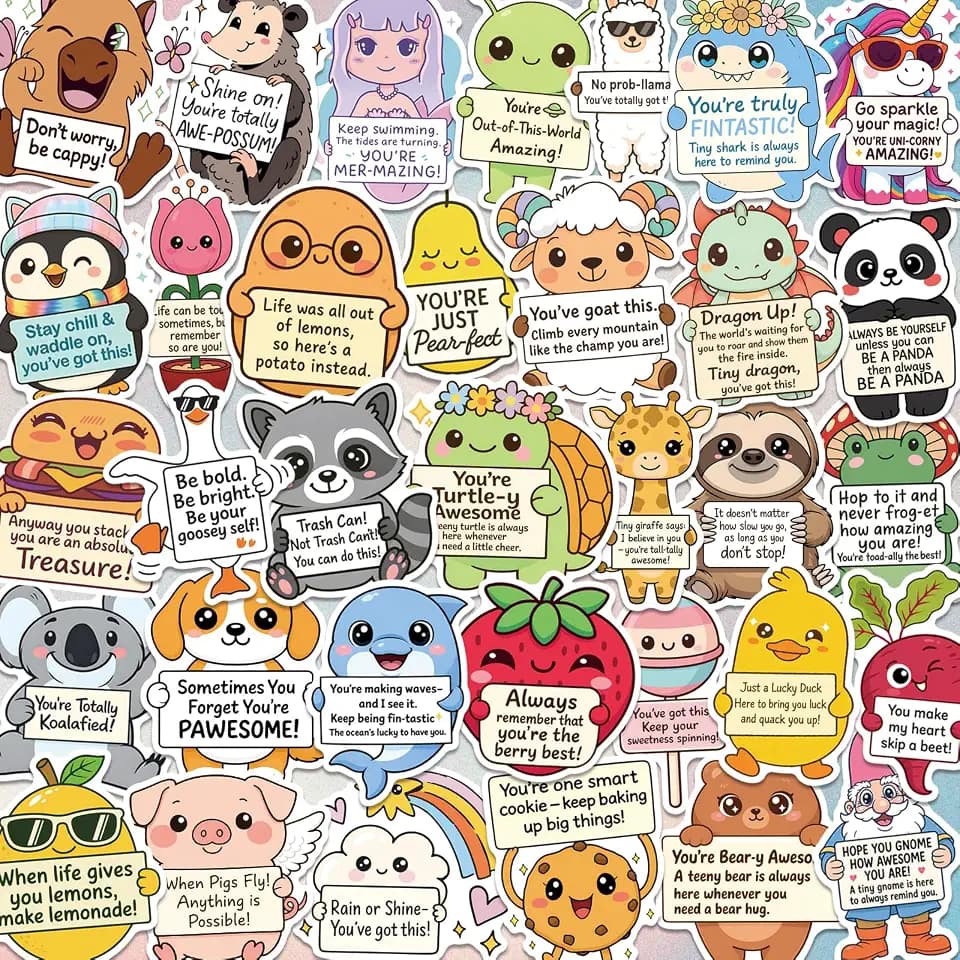 120PCS Positive Affirmation Stickers – Cute Animal & Food Pun Vinyl Decals, Waterproof Funny Motivational Stickers for Water Bottles, Phones, Laptops, Journals, Scrapbooks, No Duplicates (2.8–3 Inch)