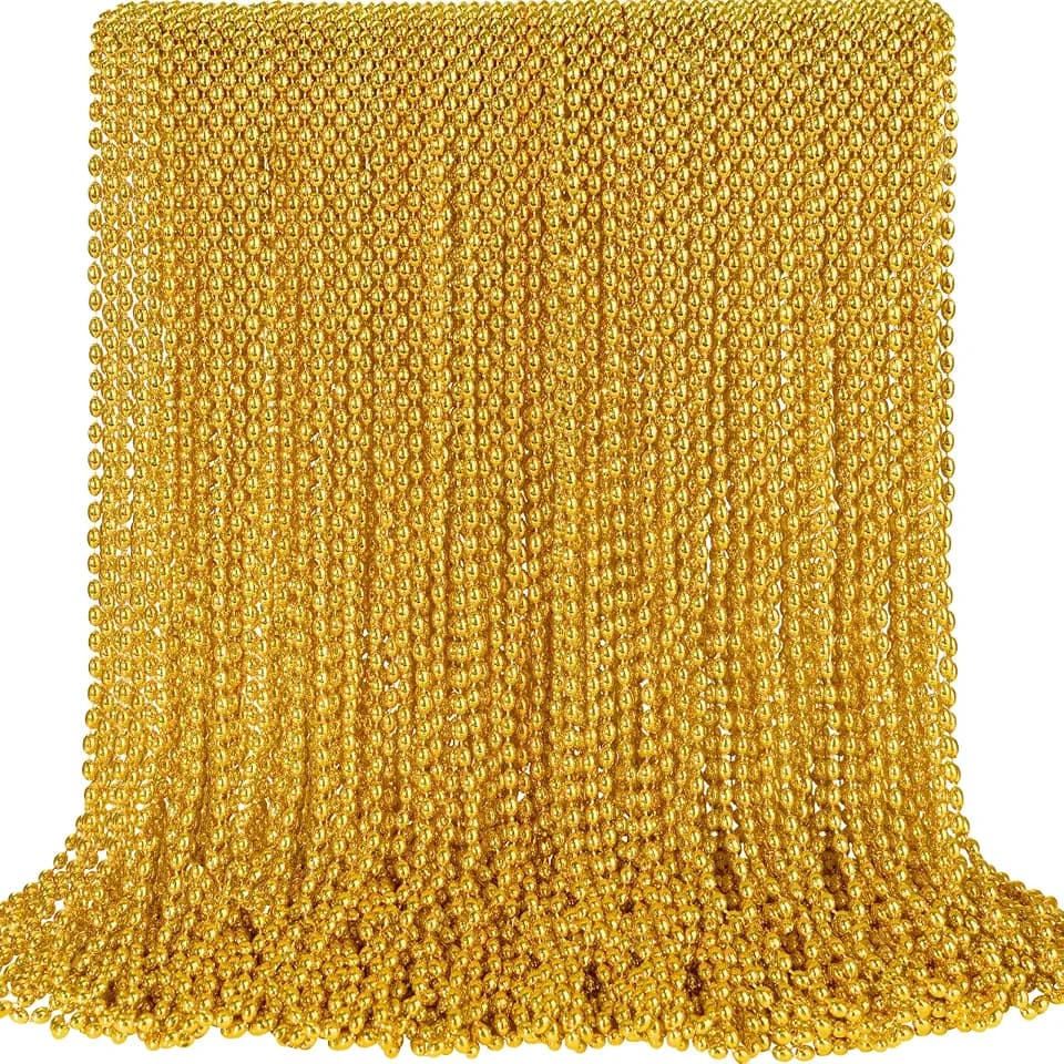 SHAOQINLIN 100 PCS Gold Bead Necklace, Gold Mardi Gras Christmas Oval Beads Necklaces 30.5" Metallic Beaded Costume Necklaces Party Necklaces for Mardi Gras Christmas Parade Throws Pirate Party Favors