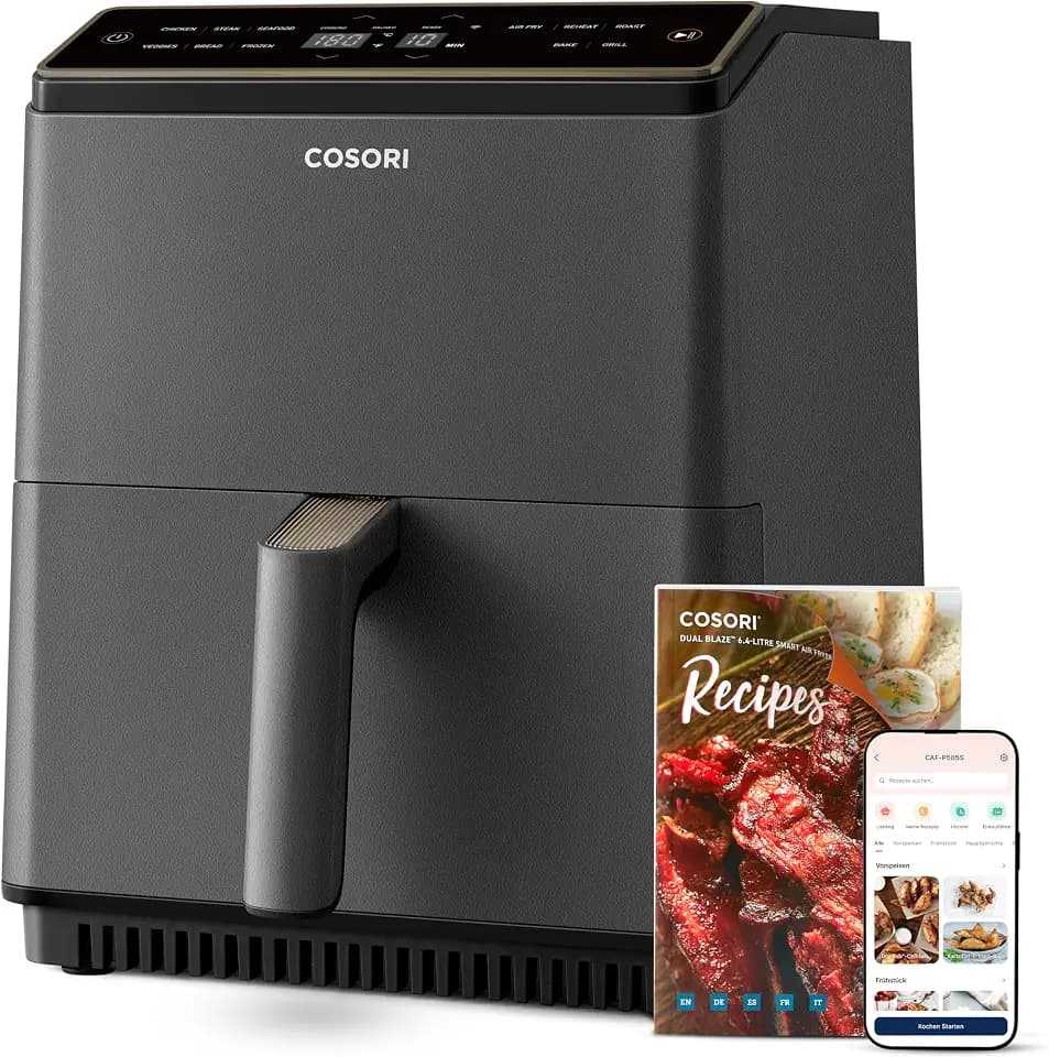 COSORI Dual Blaze Heißluftfritteuse, 6,4 L XXL, 11-in-1, Wi-Fi | Ober- und Unterhitze, Smart-App-Steuerung, 80+ Rezepte, Grau