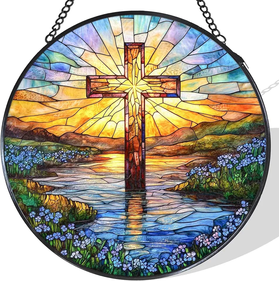 Cross Christian Stained Glass Window Hanging Suncatcher 7.8Inch