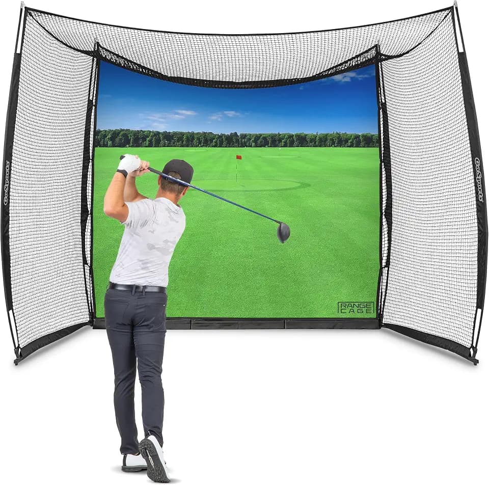 GoSports Range Cage 10 ft x 8 ft Golf Net Cage – Indoor & Outdoor Golf Practice Net for Full Swing Training and Home Golf Simulator Setups