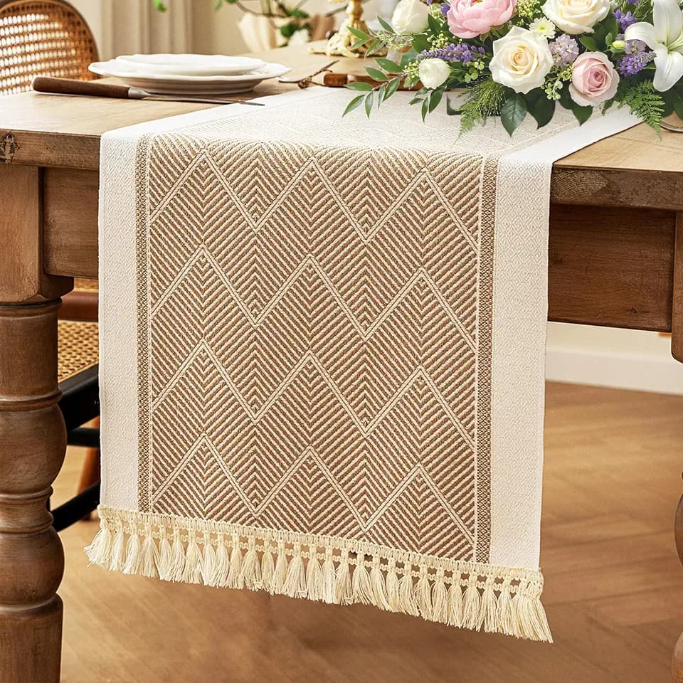 Coffee Geometric Linen Table Runner with Tassels, 14x119 Inch