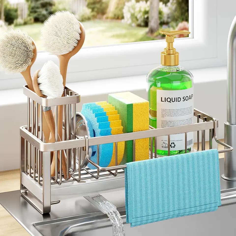 HapiRm Sponge Holder for Kitchen Sink - Self-draining Sink Caddy with Brush Holder and Dishcloth Holder, Stainless Steel Kitchen Organizer for Countertop - Brushed Nickel