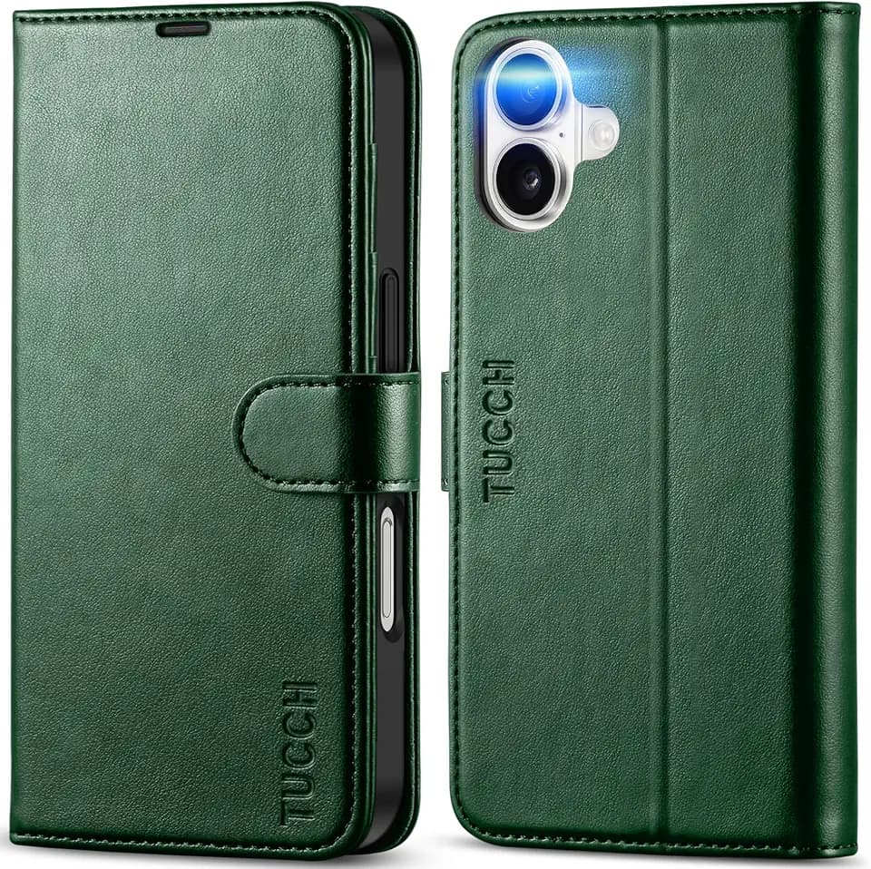 TUCCH Wallet Case for iPhone 16 (6.1") 2024, 4 Card Slots, Evergreen