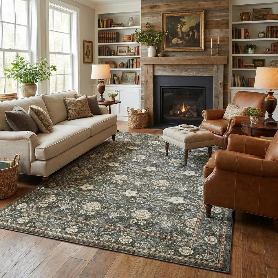 GarveeHome Washable Area Rug 5x7, Retro Floral Low Pile Non Slip Living Room Rug Soft Cottage Core Rug Farmhouse Indoor Carpet for Bedroom Dining Room Playroom