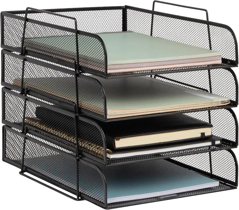 Mind Reader Stackable Paper Tray, Desktop Organizer, File Storage, Office, Metal Mesh, 10.5" L x 13.5" W x 11.25" H, 4 Pcs., Black