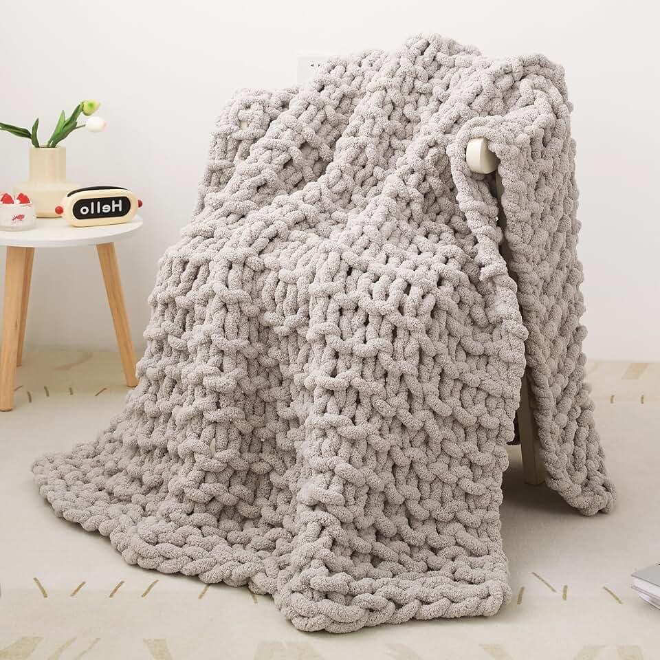 Decke Grob Gestrickte, Grobstrick-überwurf Strickwolle Dickes Garn, 100% Dicke Wolle Zum Handstricken Strickdecke, überwürfe Für Sofa Gestrickte Bettüberwurf-DeckenFürBetten, 76x101cm, Hellgrau