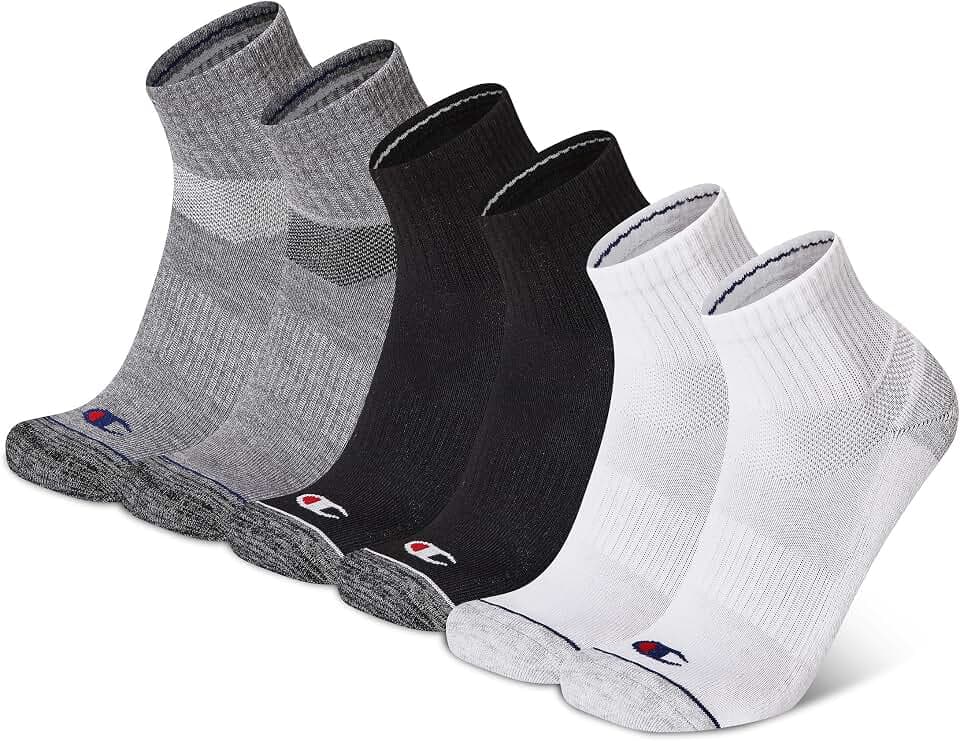 Champion Men's Cushioned Quarter Socks 6-Pack - Moisture-Wicking Athletic Ankle Socks with Arch Support (Sizes 6-12)
