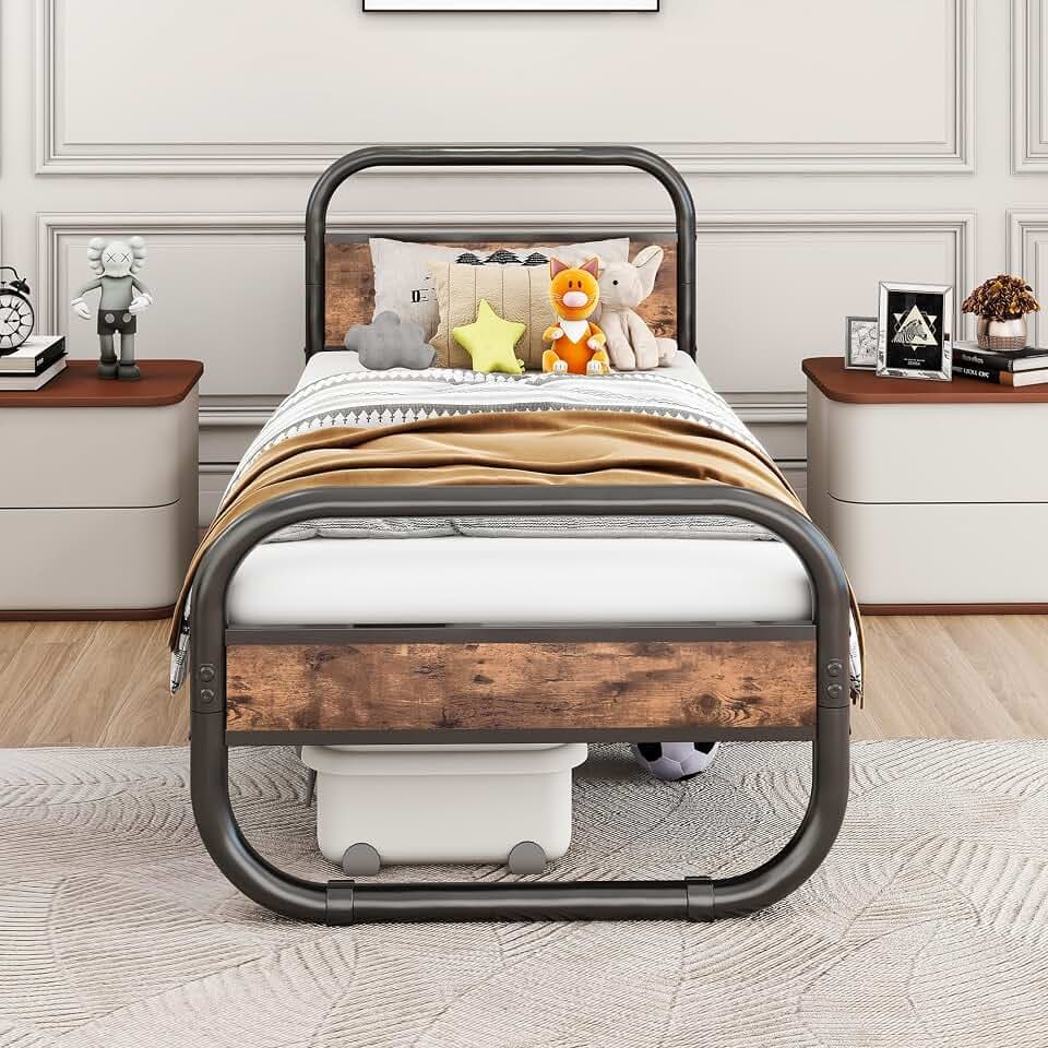 HOMERECOMMEND Bett 90x200,Bettrahmen aus Metall,Schwarz+Braun