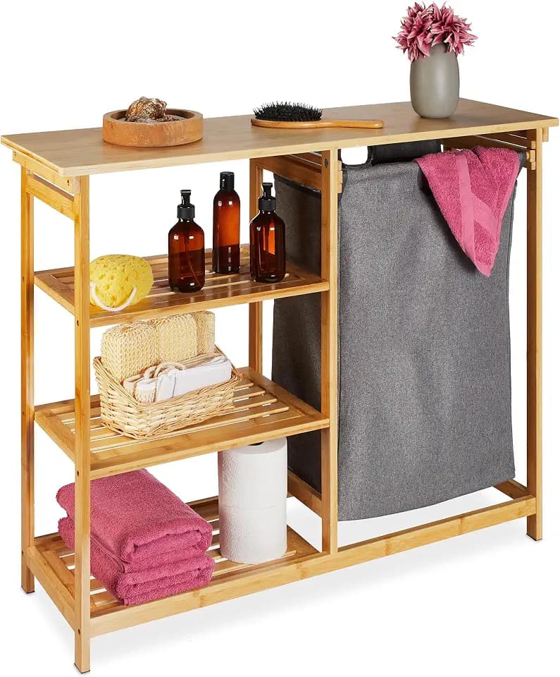 Relaxdays Wäschekorb Regal, Bambus, 3 Ablagen, herausziehbarer Wäschesack, HxBxT: 80x100x32 cm, Wäschesammler Bad, Natur