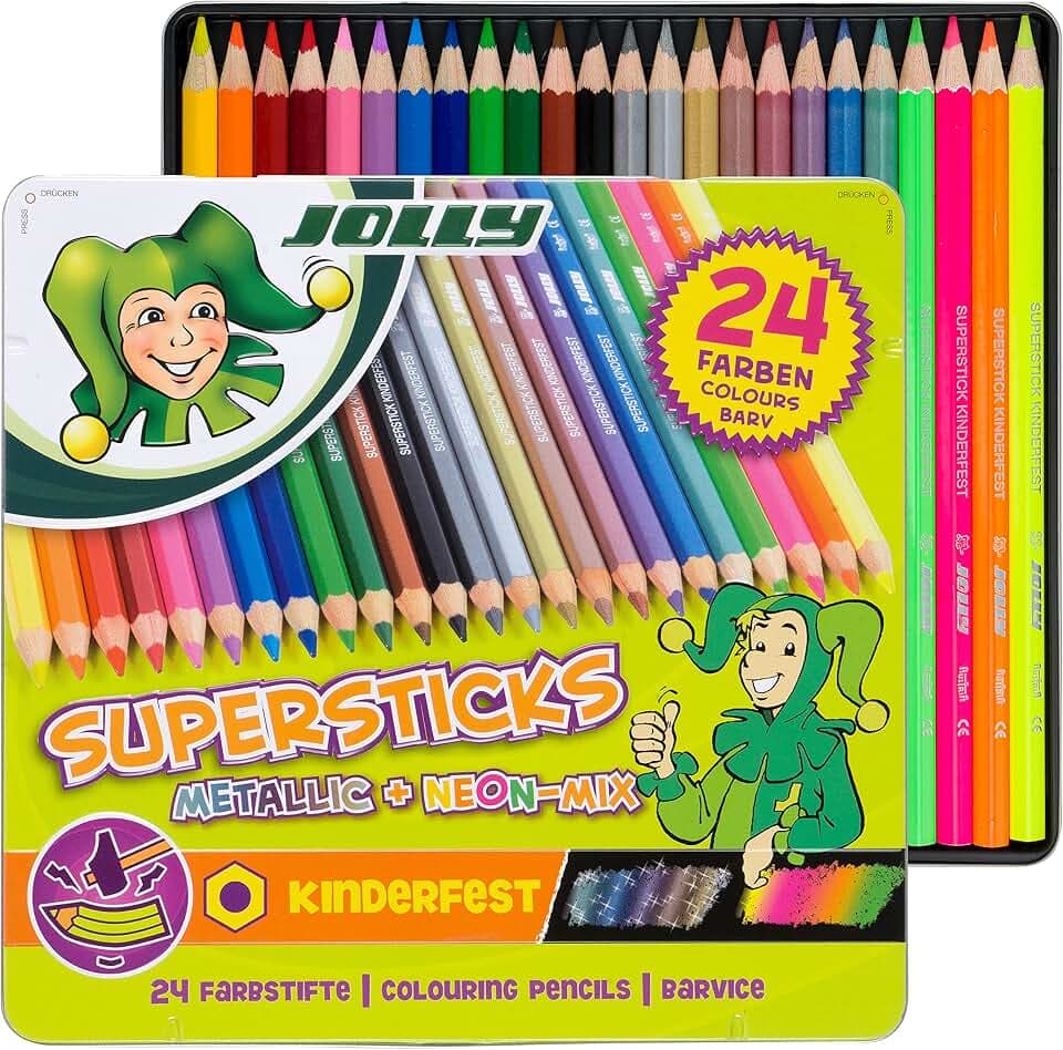 JOLLY Buntstift Superstick kinderfest METALLICMIX, 24er-Metalletui, Bruchfest & ungiftig, Metallic- und Neonfarben, Hexagonal