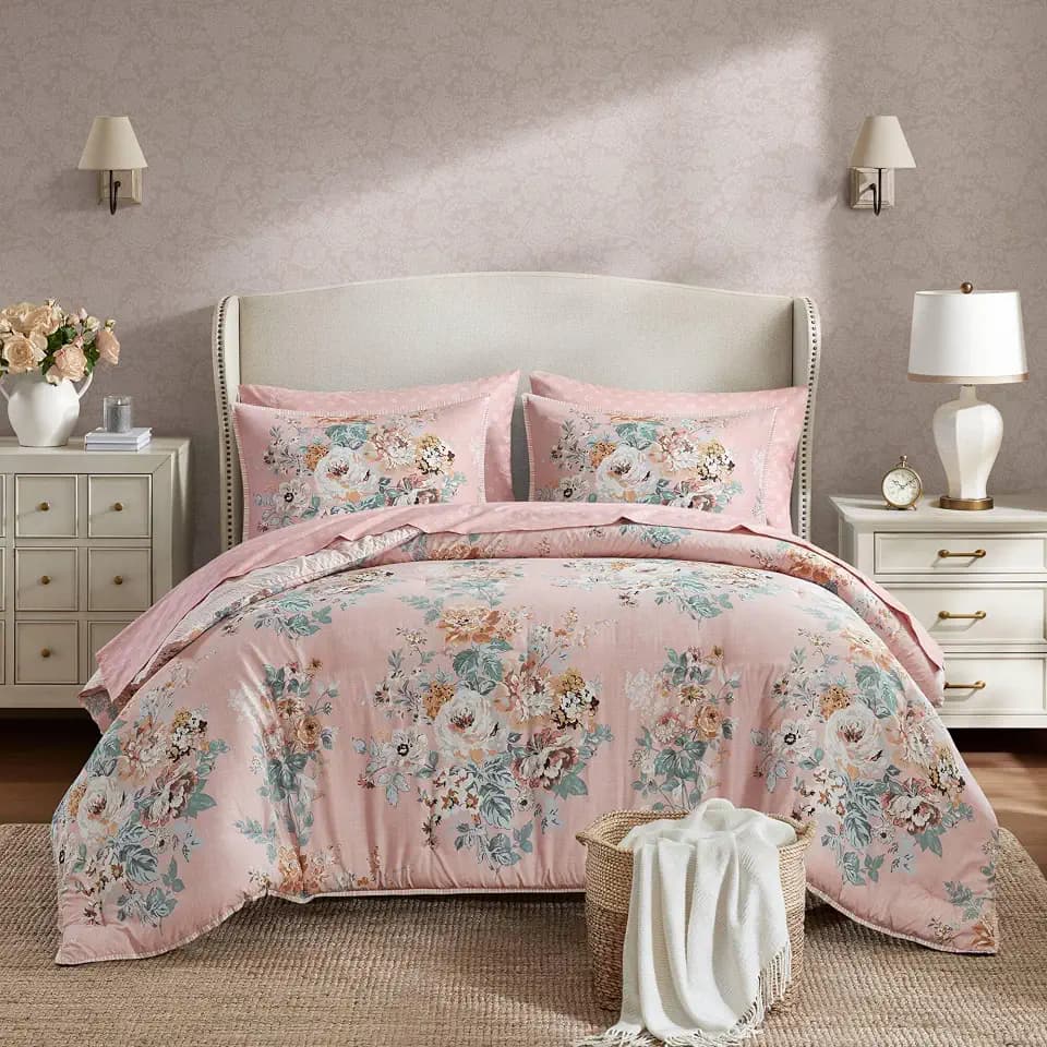 Madison Park Essentials Floral Comforter Set Queen Size, Vintage Flower Bedding Set with Sheet Set, 7 Pieces Bed in a Bag with Reversible Botanical Comforter and Pillowcases & Shams, Heather, Pink