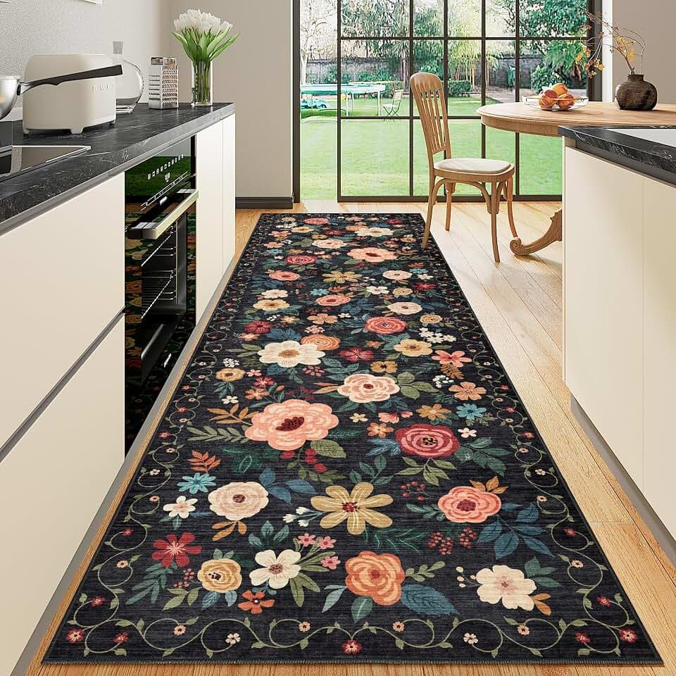 DUKINO 3x10 Runner Rug, Floral Washable Kitchen Runner Rug Non Slip, Black