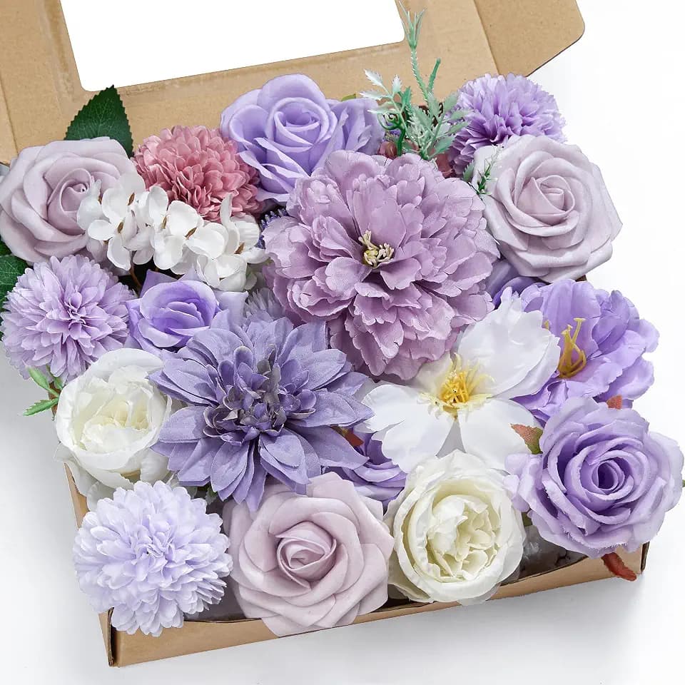 Purple Artificial Flowers Combo Box Silk Fake Roses for DIY Arrangements