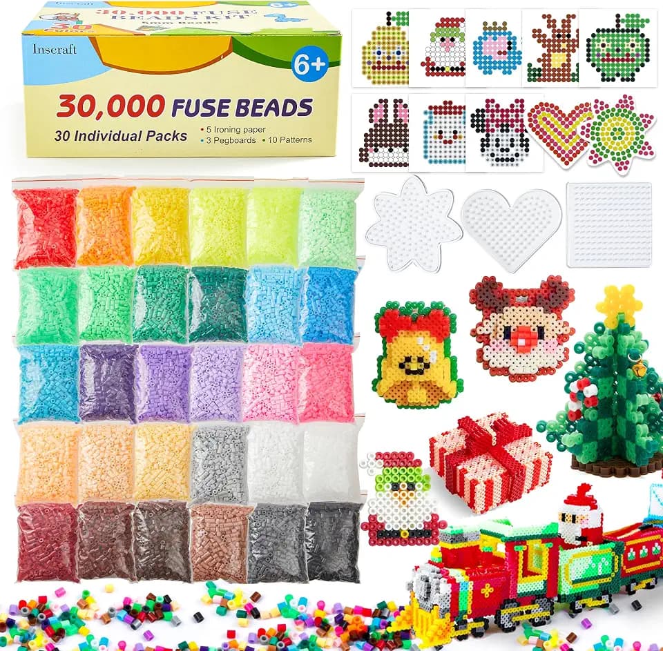 Inscraft Bügelperlen Set, 30000 Stück, 5mm, 30 Farben, xl, 10 Bügelpapier