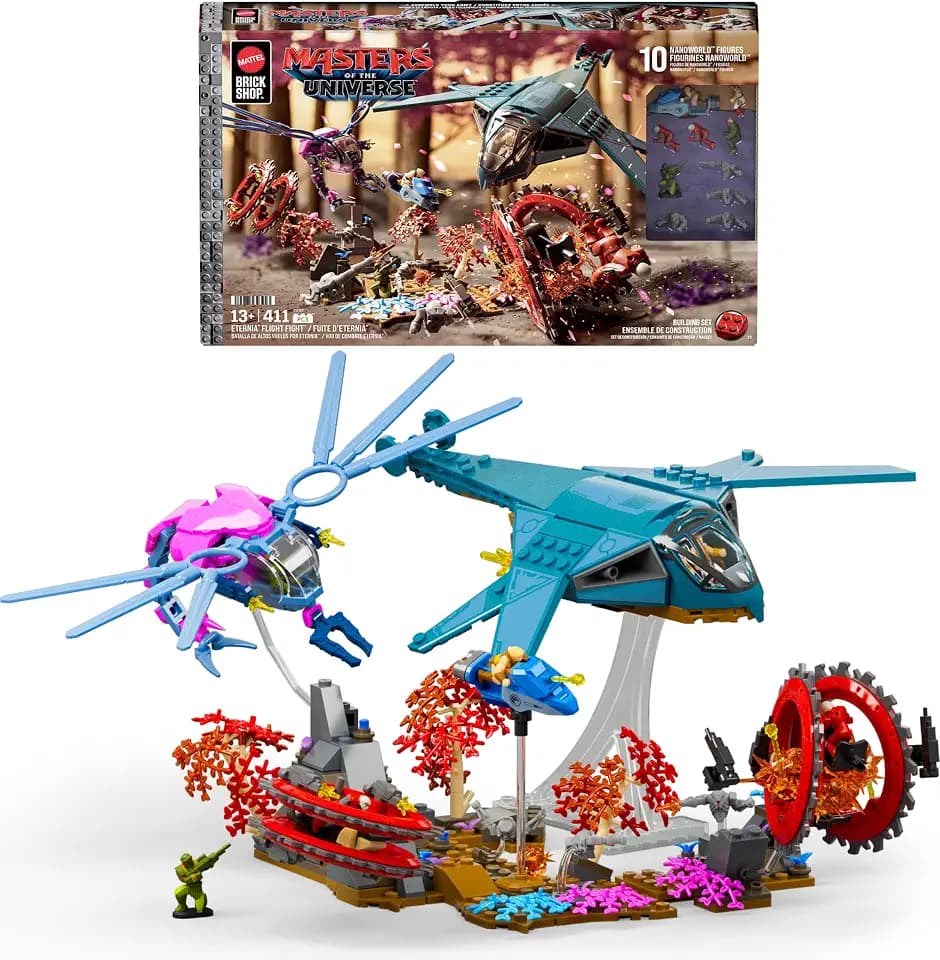 Mattel Brick Shop Masters of the Universe Building Set, Eternia Flight Fight with 411 Pieces and 10 Figures, He-Man and Teela, Collectors and Ages 13+ (Amazon Exclusive)