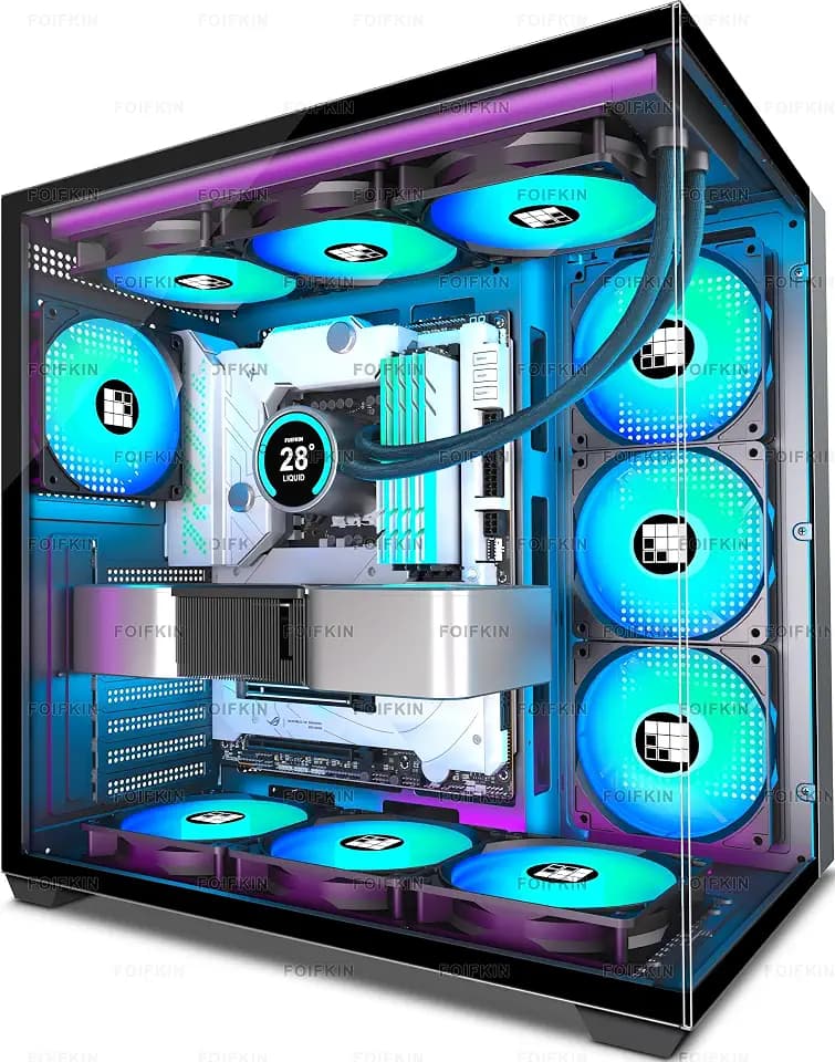 FOIFKIN F600 PC Case - Pre-Installed 7 PWM ARGB Fan, ATX Mid-Tower Gaming PC Case, 270° Panoramic Glass with Type-C, FOIFKIN (Black, F600)