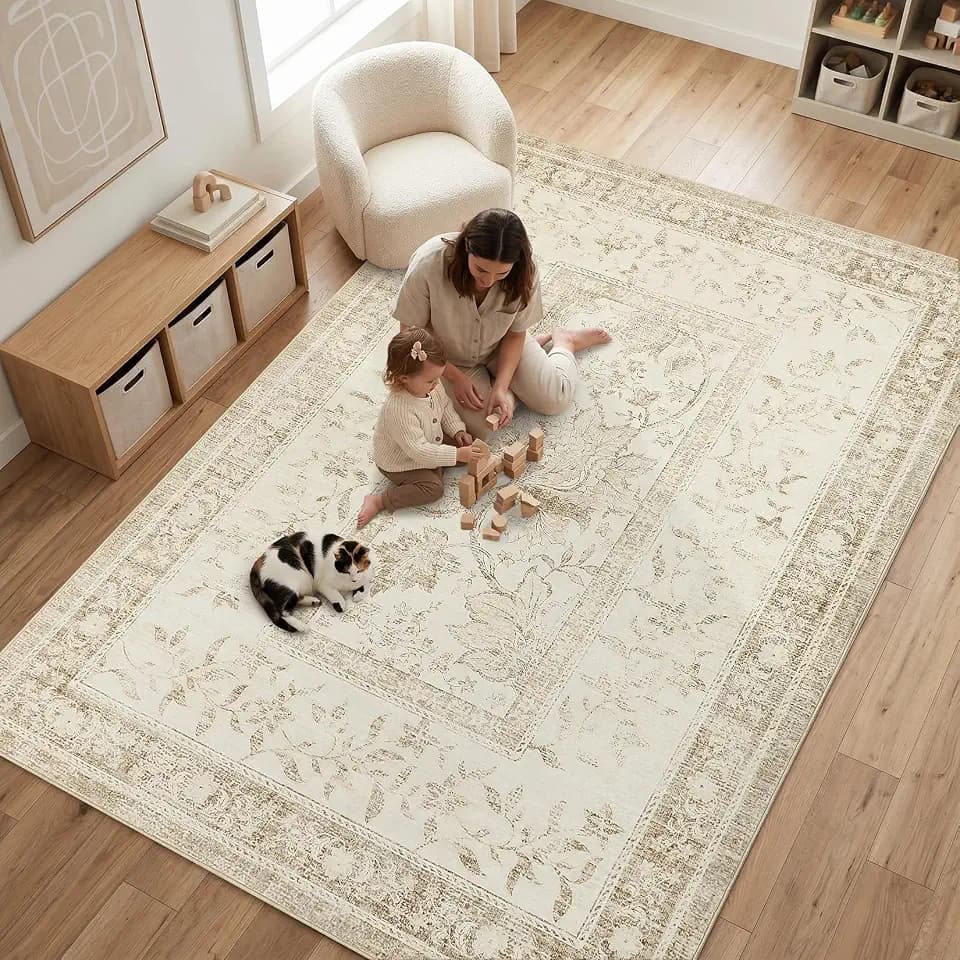 GarveeHome Vintage Beige Area Rug 6x9 Washable Cottage Core Retro Farmhouse Low-Pile Stain Resistant Non-Slip Rugs for Bedroom Living Room Nursery Kitchen Home Office TPE Backing Indoor Decor