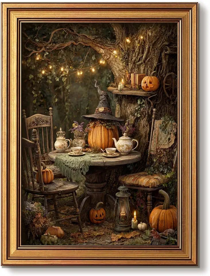 Vintage Gold Framed Halloween Wall Art Horror Fall Pumpkin Prints 12x16 In