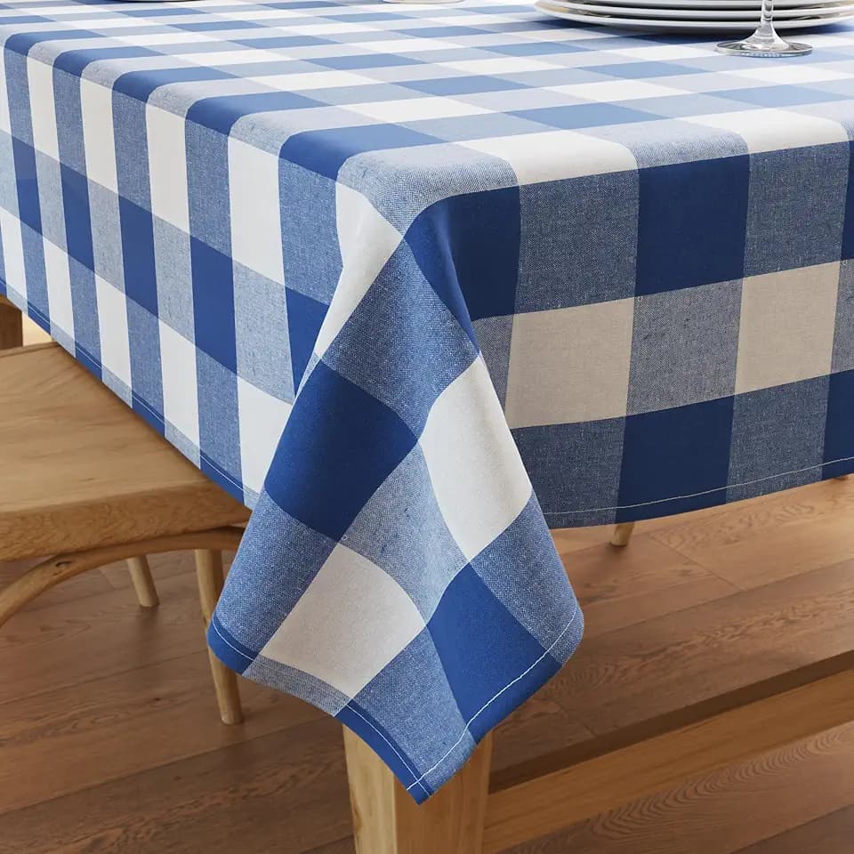 Encasa XO Dining Table Cover | 56x72 in Recycled Cotton Tablecloth | Buffalo Blue Checks Design Table Cloth for Decoration - Machine Washable