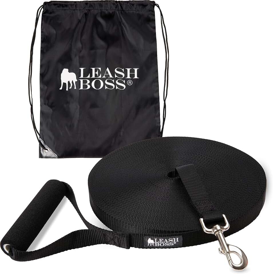 Leash Boss Free Range - Long Dog Leash for Large Dogs + Drawstring Backpack - 1 Inch Nylon Training Lead with Padded Handle (Black) (100 Ft)